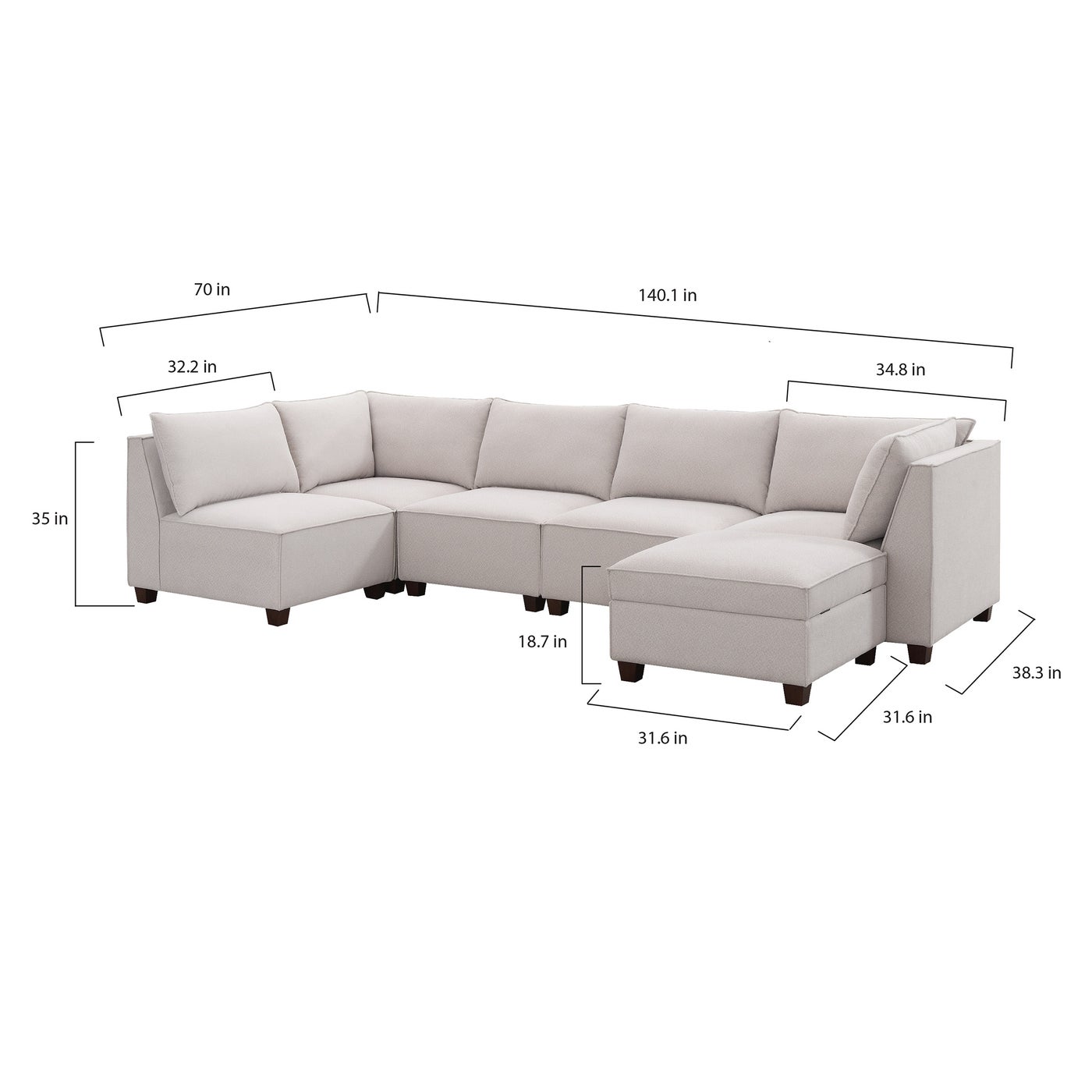 Ontai Marven 4 pc White sectional in off-white polyester — Modular 4-piece (originally 6-pc, shorted 2), 5 seats — photo 2 of 8