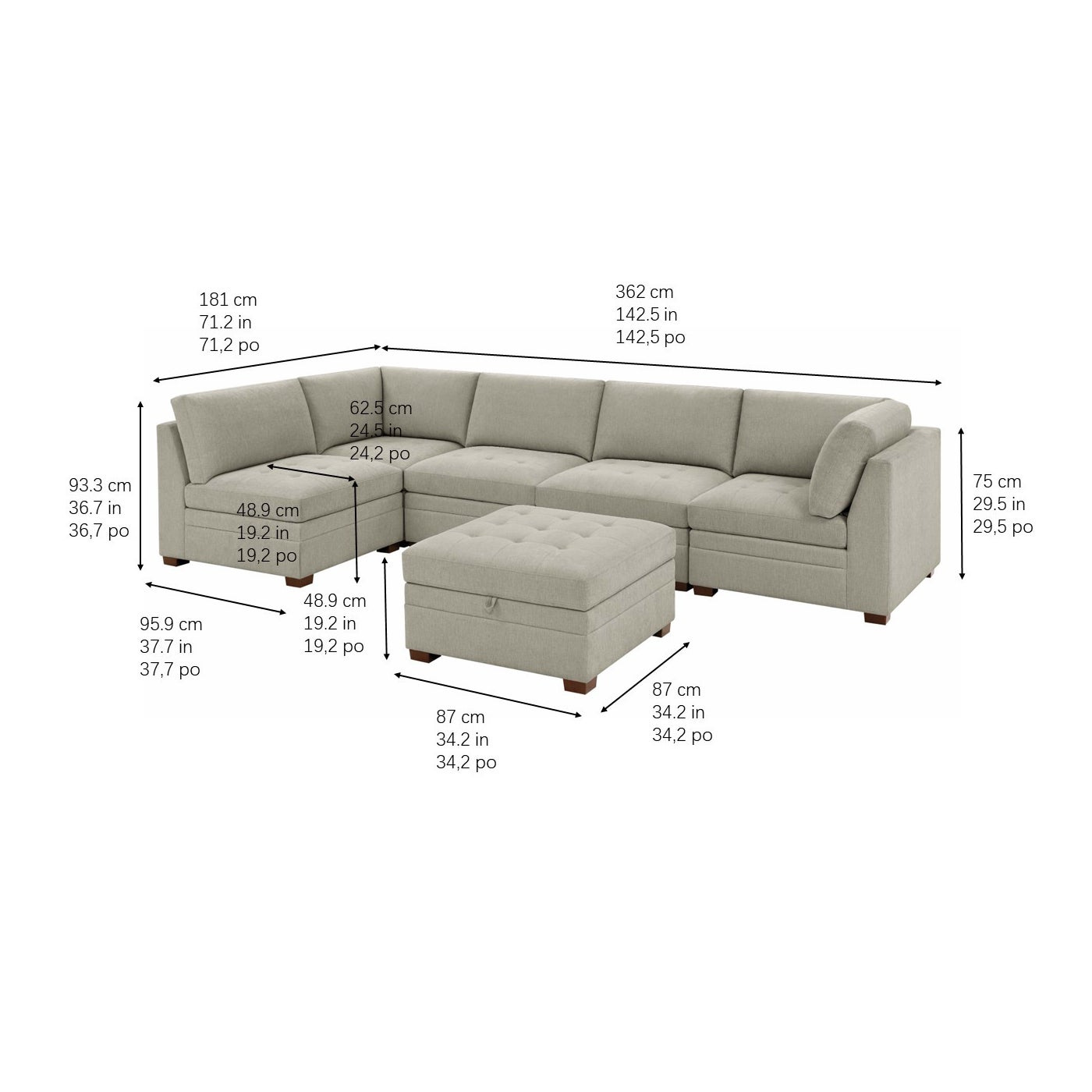 Thomasville Tisdale fab sect beige 6 pc sectional in beige polyester — Modular 6-piece (3 armless, 2 corner wedges, 1 storage ottoman), 6 seats — photo 2 of 29