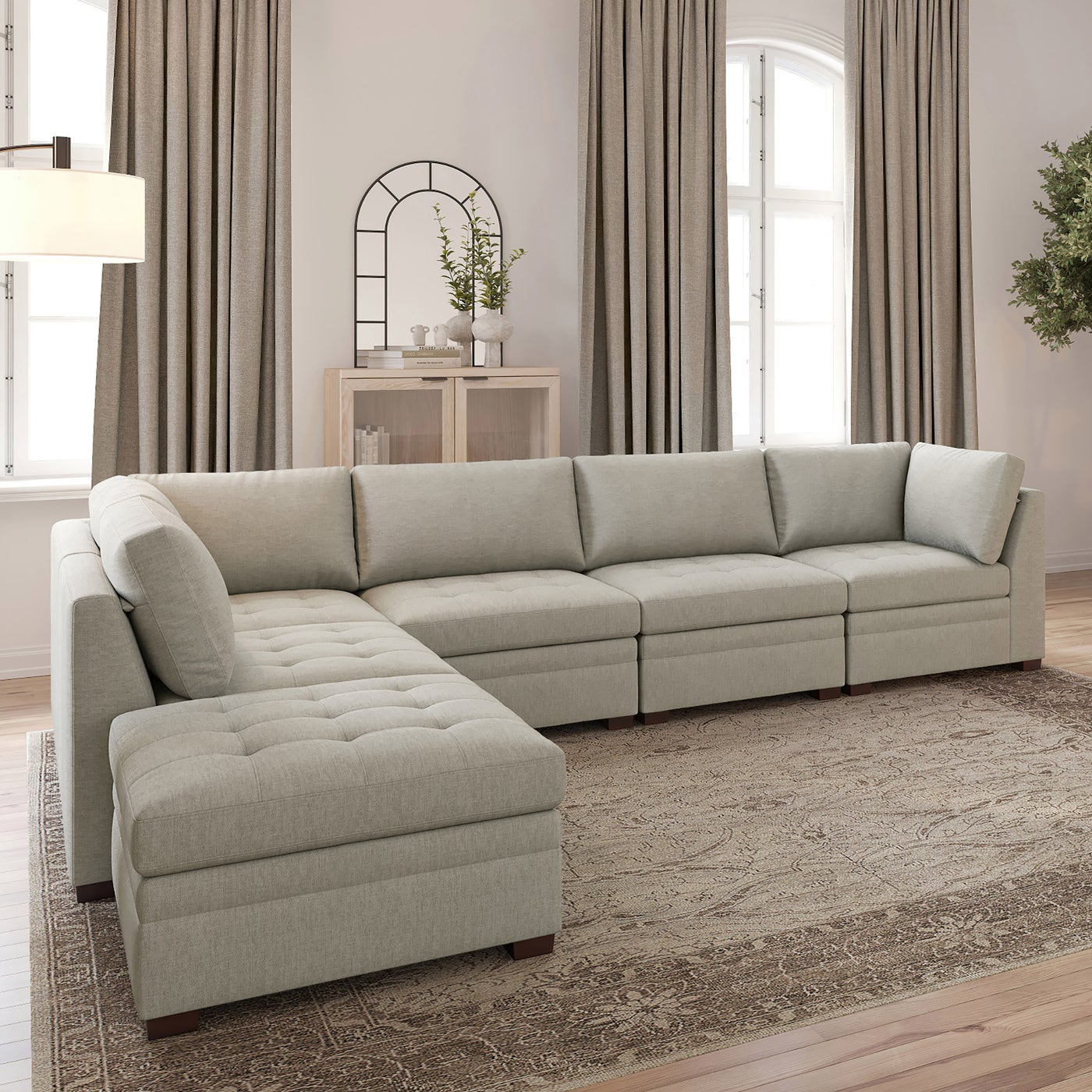 Thomasville Tisdale fab sect beige 6 pc sectional in beige polyester — Modular 6-piece (3 armless, 2 corner wedges, 1 storage ottoman), 6 seats — photo 3 of 29
