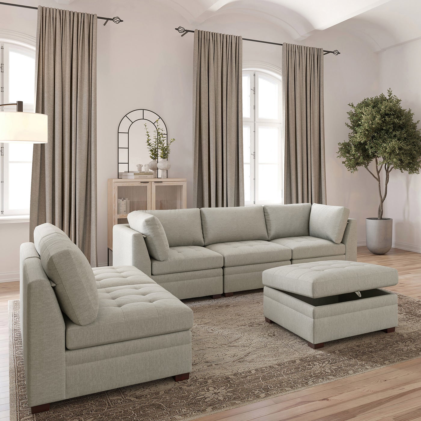 Thomasville Tisdale fab sect beige 6 pc sectional in beige polyester — Modular 6-piece (3 armless, 2 corner wedges, 1 storage ottoman), 6 seats — photo 4 of 29