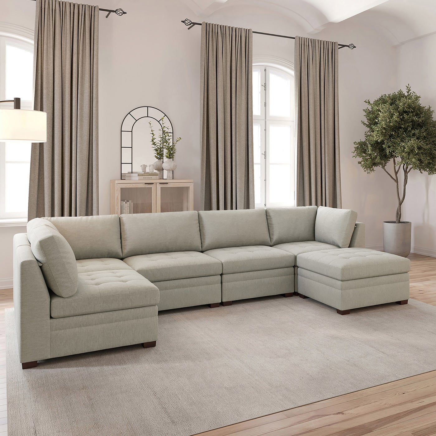 Thomasville Tisdale fab sect beige 6 pc sectional in beige polyester — Modular 6-piece (3 armless, 2 corner wedges, 1 storage ottoman), 6 seats — photo 6 of 22