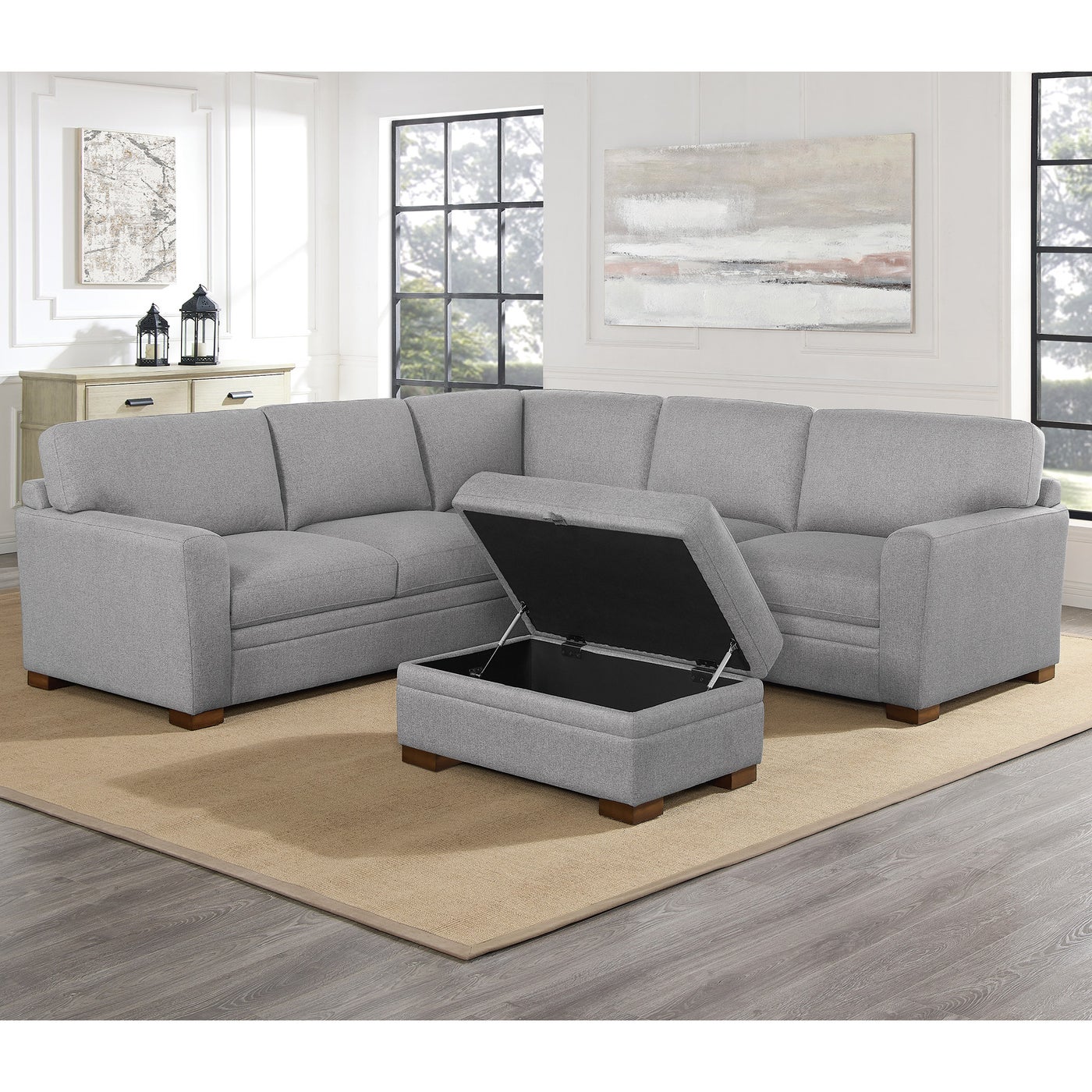 Thomasville Langdon Fab sectional in light gray polyester — L-Shape with Storage Ottoman, 5 seats — photo 3 of 11