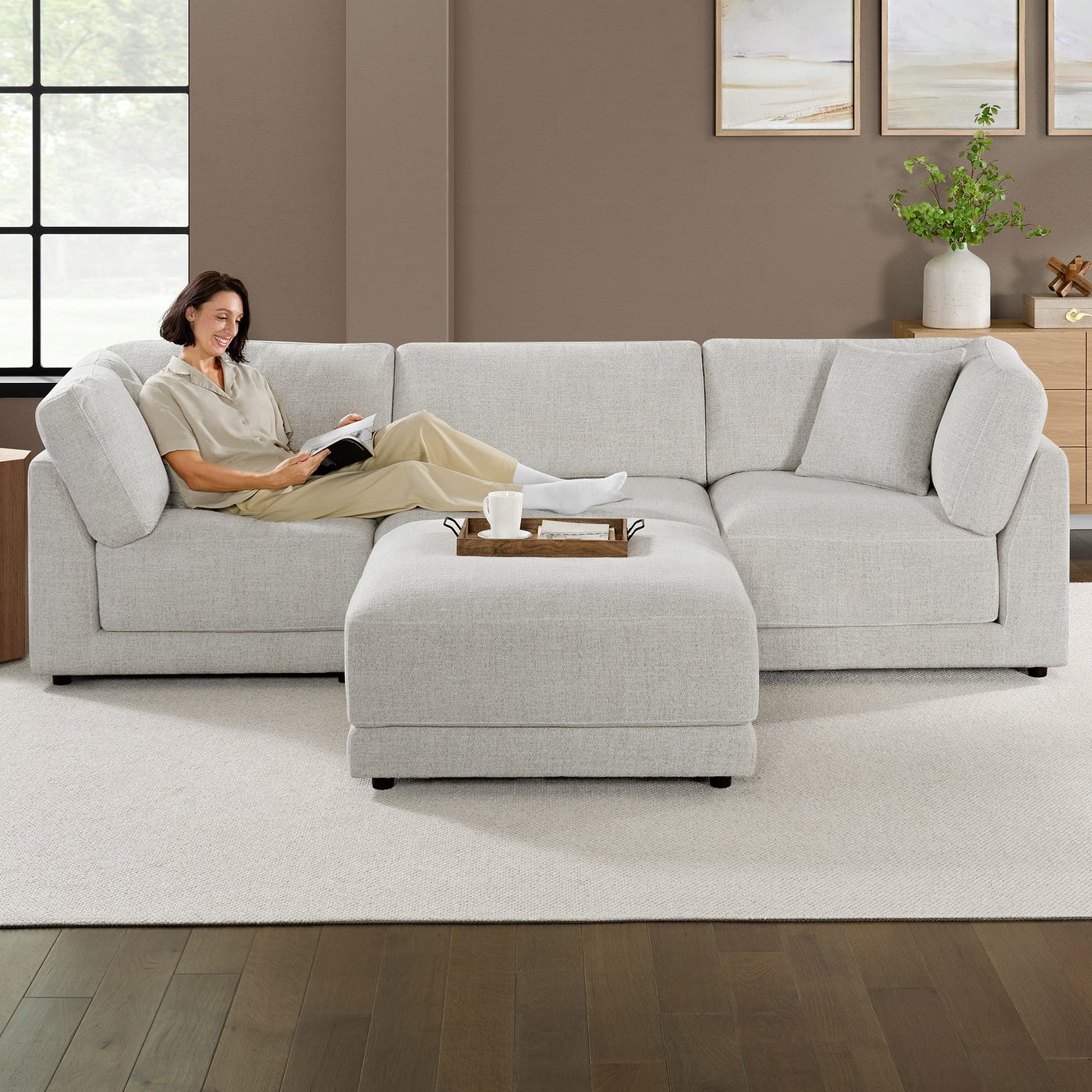 Aiden & Ivy Dayna 4-pc sectional in light gray polyester — Modular 4-piece (corner, armless, ottoman), 4 seats — photo 3 of 12